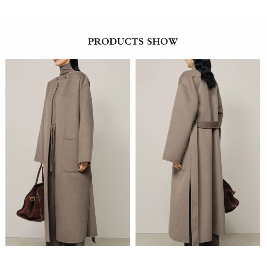 Women's Fashion Outerwear Long Winter Coat with Alpaca Woolen Fur Casual Overcoat