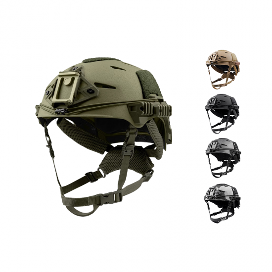 Lightweight Dual Sport High Cut Carbon Fiber Comm Rail Helmet with Dial Adjustment and 4-Point Chinstrap for Parachute Jumps
