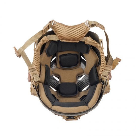 Lightweight Dual Sport High Cut Carbon Fiber Comm Rail Helmet with Dial Adjustment and 4-Point Chinstrap for Parachute Jumps