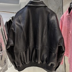 2025 Autumn Black Grained Leather Jacket Oversized Leather Coat Stand Collar Leather Clothes