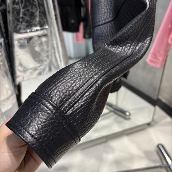 2025 Autumn Black Grained Leather Jacket Oversized Leather Coat Stand Collar Leather Clothes