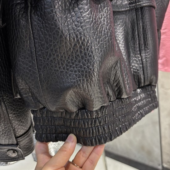 2025 Autumn Black Grained Leather Jacket Oversized Leather Coat Stand Collar Leather Clothes