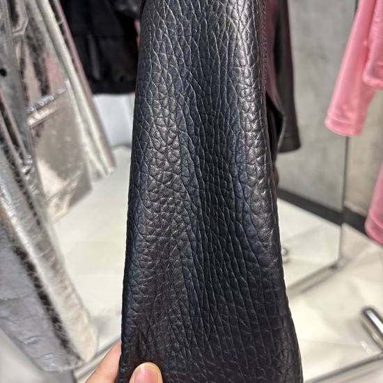 2025 Autumn Black Grained Leather Jacket Oversized Leather Coat Stand Collar Leather Clothes