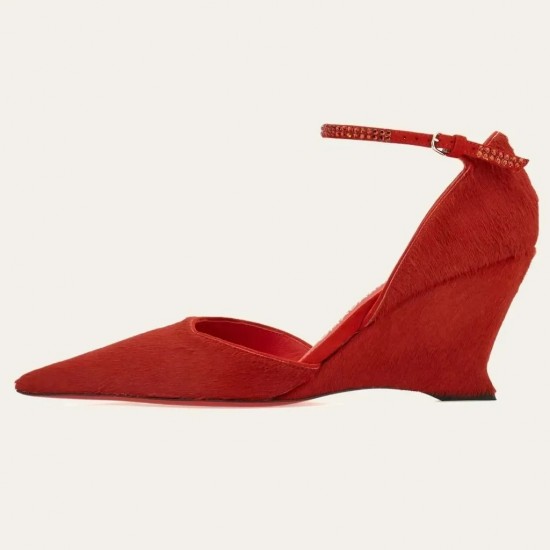 Wedge Rhinestone Buckle Pointed Toe Sandals Zapatos Mujer  Red High Heels Large Size Mary Jane Women's Single Shoes Sandalias