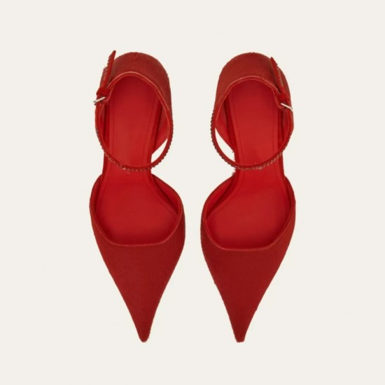 Wedge Rhinestone Buckle Pointed Toe Sandals Zapatos Mujer  Red High Heels Large Size Mary Jane Women's Single Shoes Sandalias