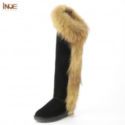 Women's Over-the-Knee Winter Snow Double Face Sheepskin Suede Leather Raccoon Fur Shearling Wool Lining Non-Slip Thermal Shoes