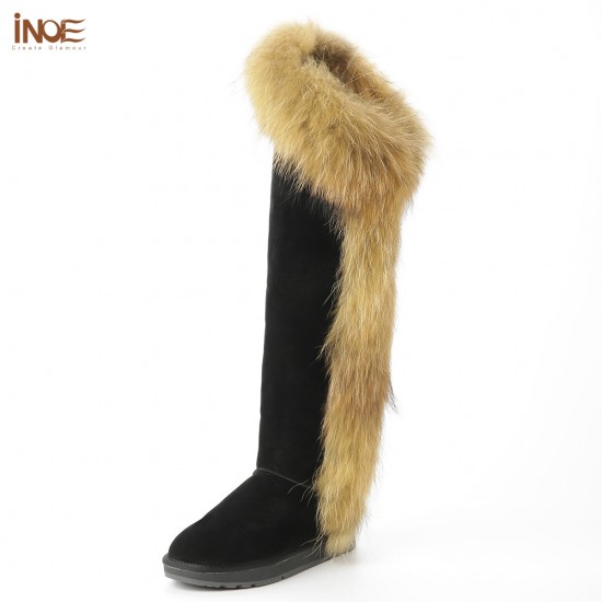 Women's Over-the-Knee Winter Snow Double Face Sheepskin Suede Leather Raccoon Fur Shearling Wool Lining Non-Slip Thermal Shoes
