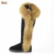 Women's Over-the-Knee Winter Snow Double Face Sheepskin Suede Leather Raccoon Fur Shearling Wool Lining Non-Slip Thermal Shoes