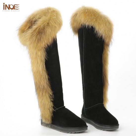 Women's Over-the-Knee Winter Snow Double Face Sheepskin Suede Leather Raccoon Fur Shearling Wool Lining Non-Slip Thermal Shoes