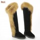 Women's Over-the-Knee Winter Snow Double Face Sheepskin Suede Leather Raccoon Fur Shearling Wool Lining Non-Slip Thermal Shoes