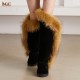 Women's Over-the-Knee Winter Snow Double Face Sheepskin Suede Leather Raccoon Fur Shearling Wool Lining Non-Slip Thermal Shoes