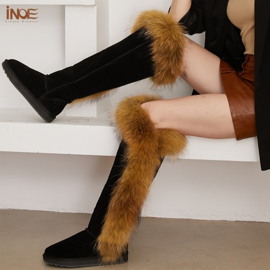 Women's Over-the-Knee Winter Snow Double Face Sheepskin Suede Leather Raccoon Fur Shearling Wool Lining Non-Slip Thermal Shoes