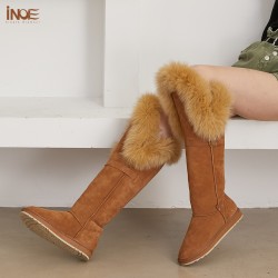 Women's Ultra-High Over-the-Knee Winter Snow Boots Fox Fur Double Face Sheepskin Suede Leather Shearling Wool Flat Anti-Slip