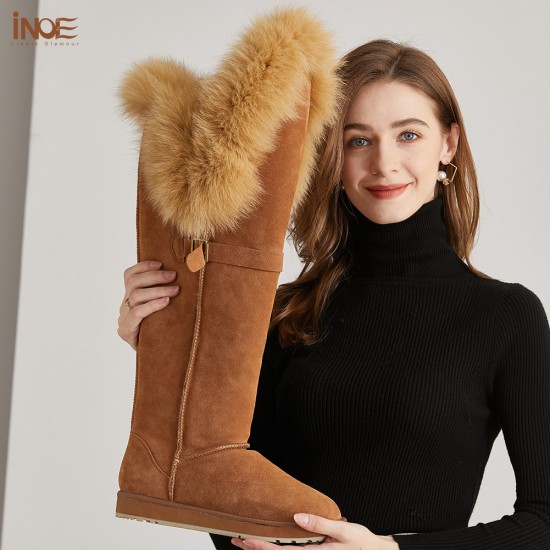 Women's Ultra-High Over-the-Knee Winter Snow Boots Fox Fur Double Face Sheepskin Suede Leather Shearling Wool Flat Anti-Slip