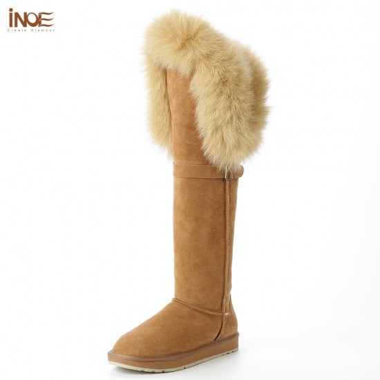 Women's Ultra-High Over-the-Knee Winter Snow Boots Fox Fur Double Face Sheepskin Suede Leather Shearling Wool Flat Anti-Slip