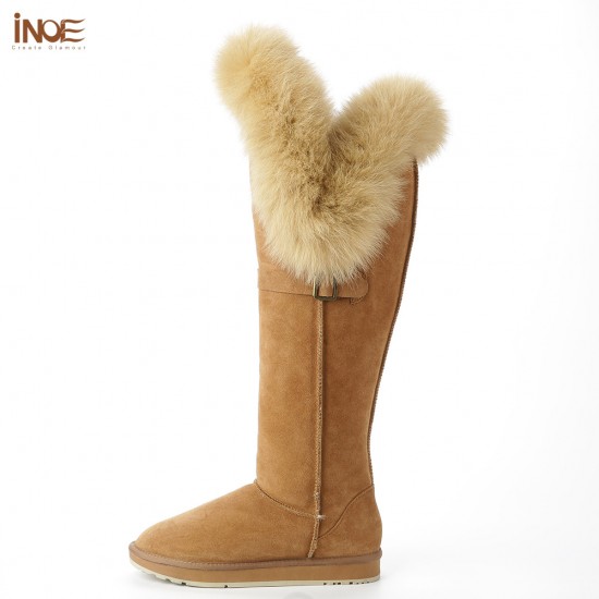 Women's Ultra-High Over-the-Knee Winter Snow Boots Fox Fur Double Face Sheepskin Suede Leather Shearling Wool Flat Anti-Slip