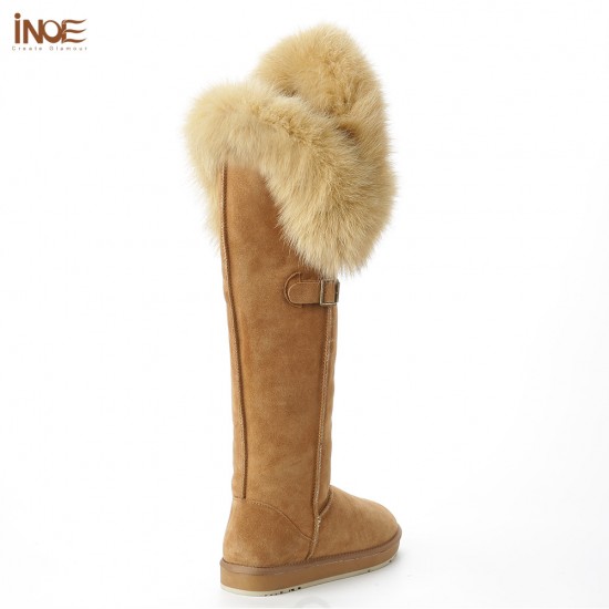 Women's Ultra-High Over-the-Knee Winter Snow Boots Fox Fur Double Face Sheepskin Suede Leather Shearling Wool Flat Anti-Slip
