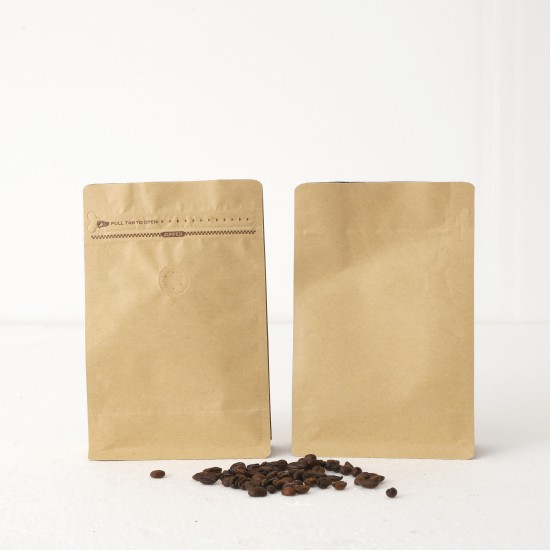 In Stock 16oz 500g 1lb Brown Kraft Flat Bottom Coffee Packaging Bag with Valve and Zipper