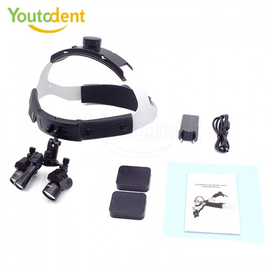 48 Degree LED Dental Loupes with 5X Adjustability New Electric-powered Head Mounted Surgical Loupes Including 2 Batteries