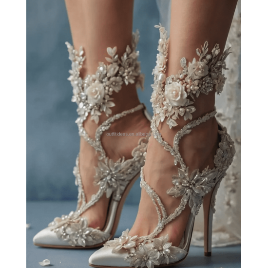 Elegant Wedding Sexy Rhinestone Bedazzled Heels Blue Flower Ankle Wrap Tie up Crystal Strappy Sandal Sparkly Stiletto Prom Shoes