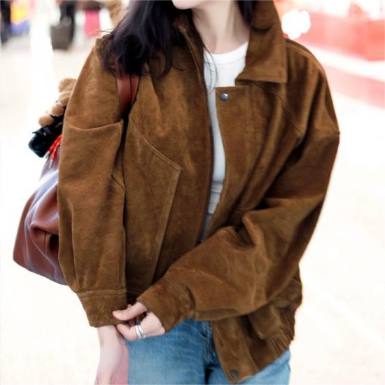 Factory Wholesale New Clothes Women's Leather Jacket Coat Brown Genuine Sheepskin Leather Suede Jacket for Ladies