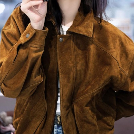 Factory Wholesale New Clothes Women's Leather Jacket Coat Brown Genuine Sheepskin Leather Suede Jacket for Ladies