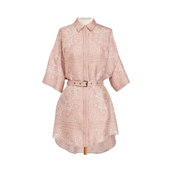 2025 Women's One-piece Paisley Butterfly Pattern Dress 100% Heavy-weight Silk Elegant Short Sleeve with Belt for Ladies