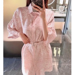 2025 Women's One-piece Paisley Butterfly Pattern Dress 100% Heavy-weight Silk Elegant Short Sleeve with Belt for Ladies