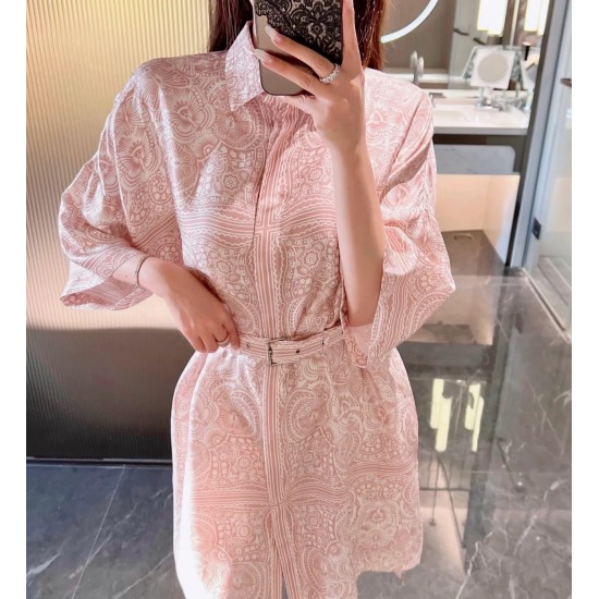 2025 Women's One-piece Paisley Butterfly Pattern Dress 100% Heavy-weight Silk Elegant Short Sleeve with Belt for Ladies
