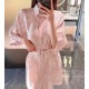 2025 Women's One-piece Paisley Butterfly Pattern Dress 100% Heavy-weight Silk Elegant Short Sleeve with Belt for Ladies