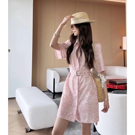 2025 Women's One-piece Paisley Butterfly Pattern Dress 100% Heavy-weight Silk Elegant Short Sleeve with Belt for Ladies