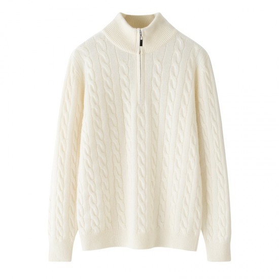 Men's Casual Winter Half-Height Collar Cashmere Pullover Long Sleeve Cable Knit Pullover Pattern 1/4 Zipper Cashmere Sweater
