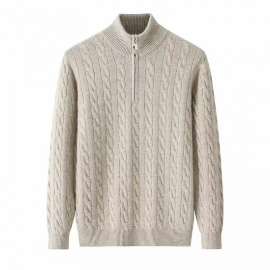 Men's Casual Winter Half-Height Collar Cashmere Pullover Long Sleeve Cable Knit Pullover Pattern 1/4 Zipper Cashmere Sweater