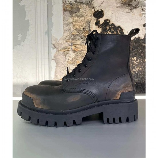 Heavily Distressed Extra Round Toe Leather Super Chunky Lug Sole Men Canvas Boots Safety Shoes Black Strike Lace-up Combat Boots