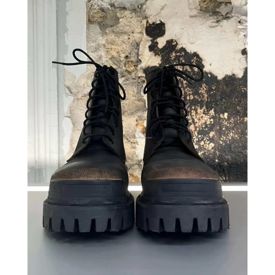 Heavily Distressed Extra Round Toe Leather Super Chunky Lug Sole Men Canvas Boots Safety Shoes Black Strike Lace-up Combat Boots
