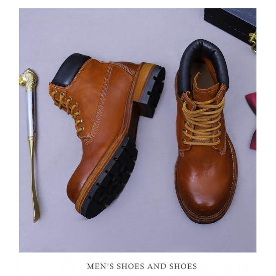 Big Promotion on Men's Genuine Leather Chelsea Boots British High-Top Business Short Cowhide Boots Bright Leather Shoes
