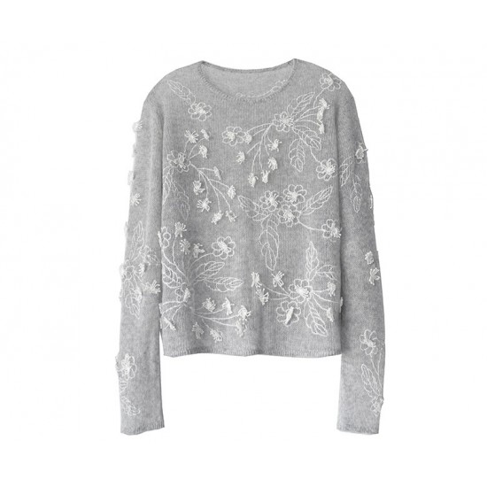 100% Cashmere Women's Casual Pullover Sweater with Embroidery Soft Fluffy Long-Sleeve Round-Neck Heavy-Duty Comfortable Style