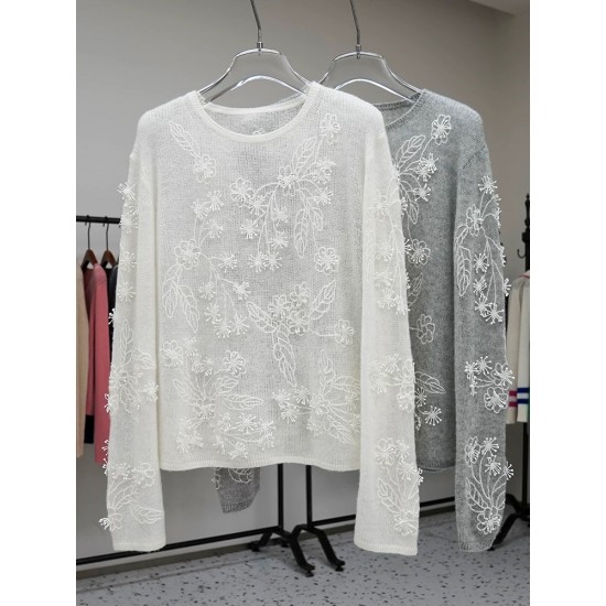 100% Cashmere Women's Casual Pullover Sweater with Embroidery Soft Fluffy Long-Sleeve Round-Neck Heavy-Duty Comfortable Style