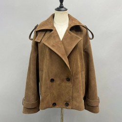 2025 Custom Streetwear High Quality Double Breasted Motorcycles Cow Leather Short Coat Work Clothes Women Suede Leather Jacket