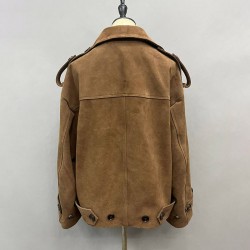 2025 Custom Streetwear High Quality Double Breasted Motorcycles Cow Leather Short Coat Work Clothes Women Suede Leather Jacket