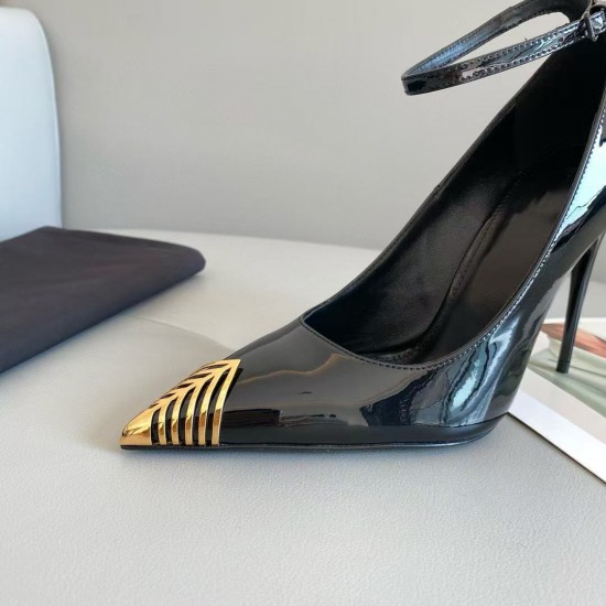 New High-quality Black Leather Women's High Heels, Patent Leather Metal Pointed-toe Slender Single Shoes
