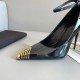 New High-quality Black Leather Women's High Heels, Patent Leather Metal Pointed-toe Slender Single Shoes