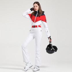 Women's New One-Piece Ski Suit with Double-Board Zipper Closure Warm Hooded Pants Windproof and Waterproof Slimming Waist