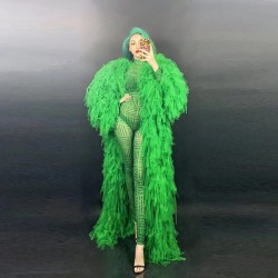 Customize Women Clothing Skirt Set Spring Green Crystal Jumpsuit and Women's Coats With Fur for Fashion Show