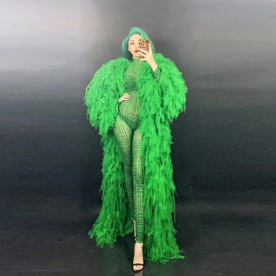 Customize Women Clothing Skirt Set Spring Green Crystal Jumpsuit and Women's Coats With Fur for Fashion Show