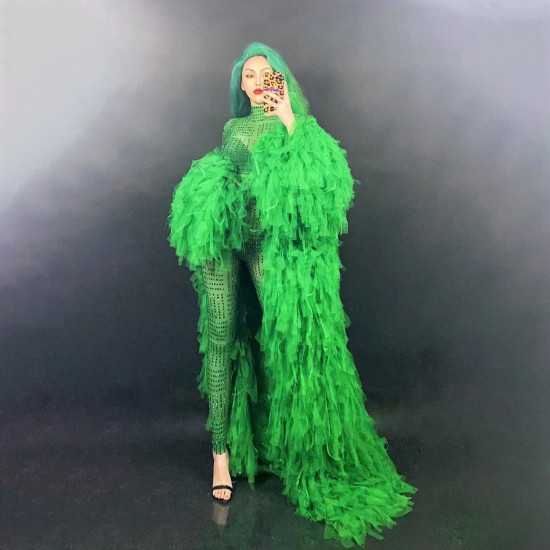 Customize Women Clothing Skirt Set Spring Green Crystal Jumpsuit and Women's Coats With Fur for Fashion Show