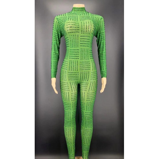 Customize Women Clothing Skirt Set Spring Green Crystal Jumpsuit and Women's Coats With Fur for Fashion Show