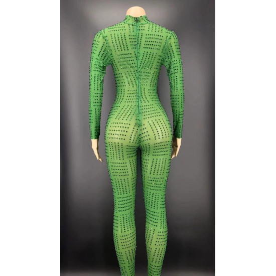 Customize Women Clothing Skirt Set Spring Green Crystal Jumpsuit and Women's Coats With Fur for Fashion Show