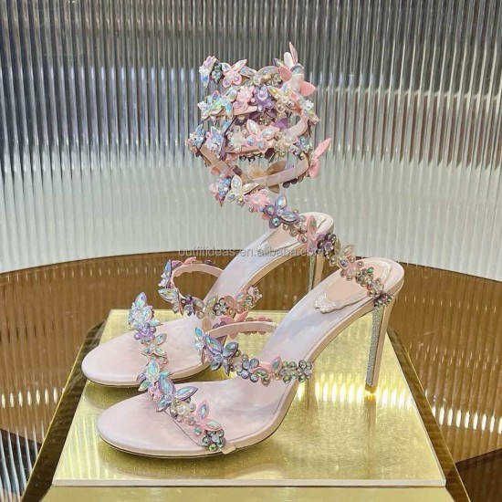 Handmade Flowers Butterflies Original Stardust Sole Top Quality Stones Rhinestone Heels Satin Sandals Stilettos Crystals Sandals