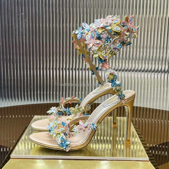 Handmade Flowers Butterflies Original Stardust Sole Top Quality Stones Rhinestone Heels Satin Sandals Stilettos Crystals Sandals